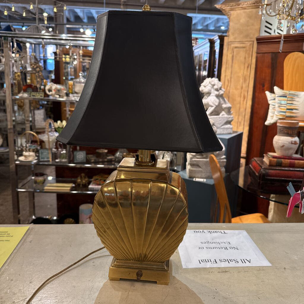 BRASS SHELL LAMP WITH LEATHER SHADE 21"T 12" W