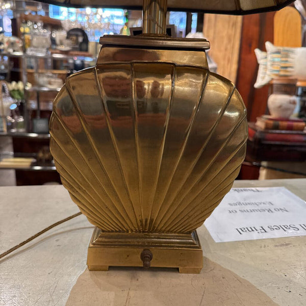 BRASS SHELL LAMP WITH LEATHER SHADE 21"T 12" W