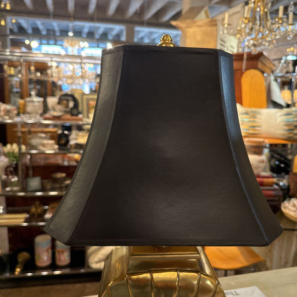 BRASS SHELL LAMP WITH LEATHER SHADE 21"T 12" W