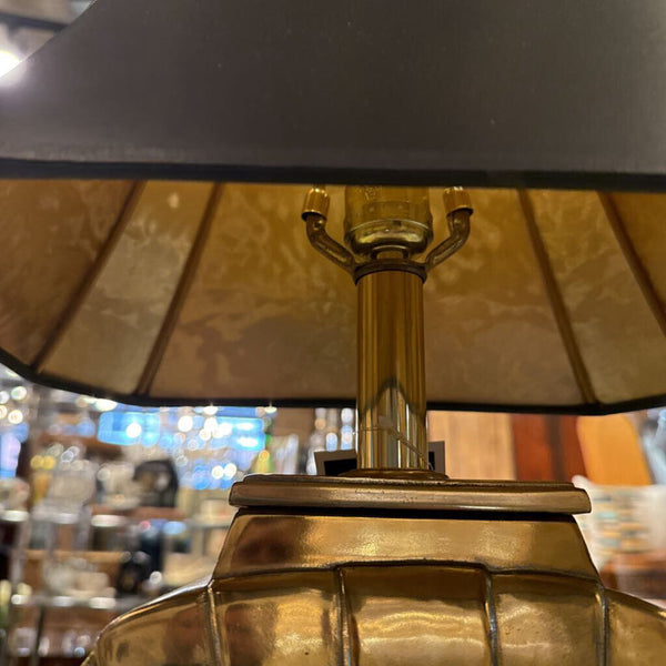 BRASS SHELL LAMP WITH LEATHER SHADE 21"T 12" W