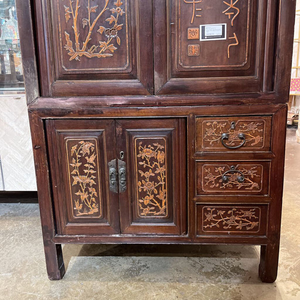 Asian Cabinet with Hand Carved Details-- 37 in wide, 81 in tall, 21 in deep