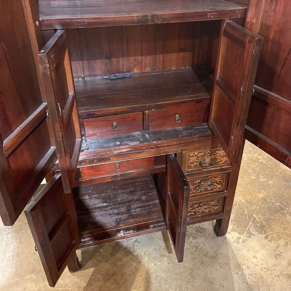 Asian Cabinet with Hand Carved Details-- 37 in wide, 81 in tall, 21 in deep