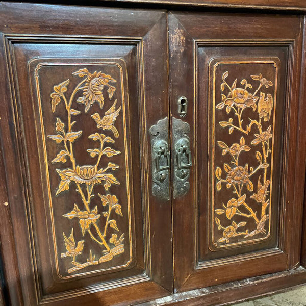 Asian Cabinet with Hand Carved Details-- 37 in wide, 81 in tall, 21 in deep