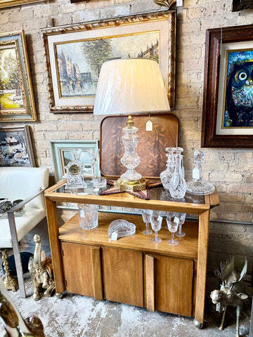 MCM solid walnut rolling bar/serving cart with smoked glass inserts- date stamp 1958 on bottom . For pick up only approx 42x30.75x18