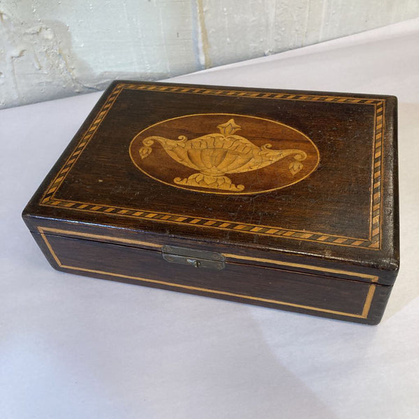 Antique inlaid wood box, (9x6x2.5 in)