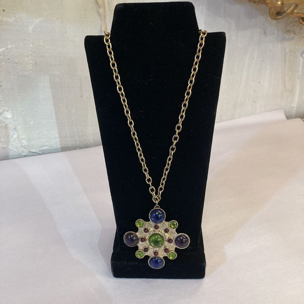 Vintage jewel tone pendant on chain (2x2 in)