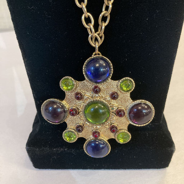 Vintage jewel tone pendant on chain (2x2 in)