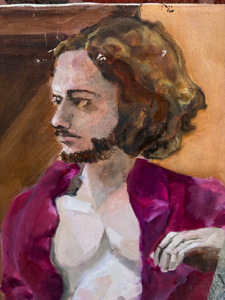 VINTAGE PORTRAIT PAINTING OF A MAN ON CANVAS, SIGNED ON BACK | 30" H x 24" W