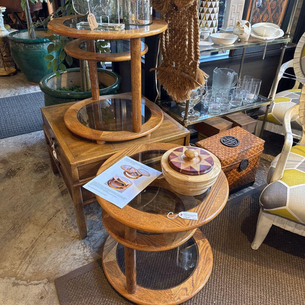 PAIR Post Modern oak and glass side/end tables. Howard Furniture. c. 1970/80's. ND