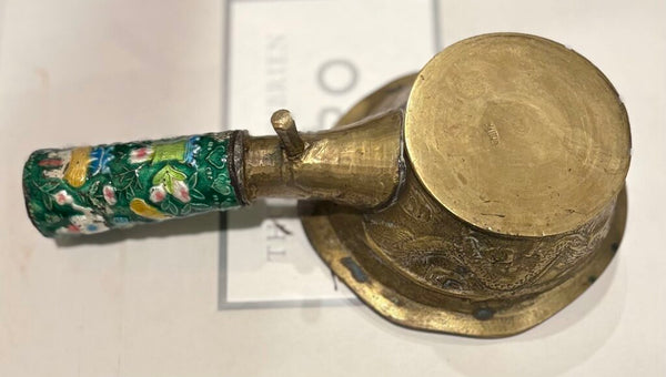 VINTAGE ASIAN BRASS COAL SILK IRON W/ENAMELED HANDLE | 8.25" W X 4.25" D X 2" H