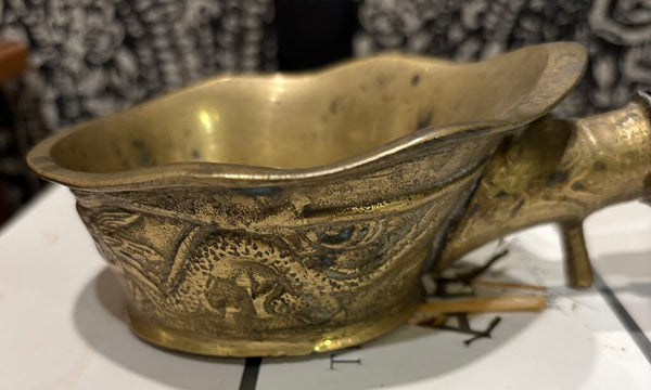 VINTAGE ASIAN BRASS COAL SILK IRON W/ENAMELED HANDLE | 8.25" W X 4.25" D X 2" H