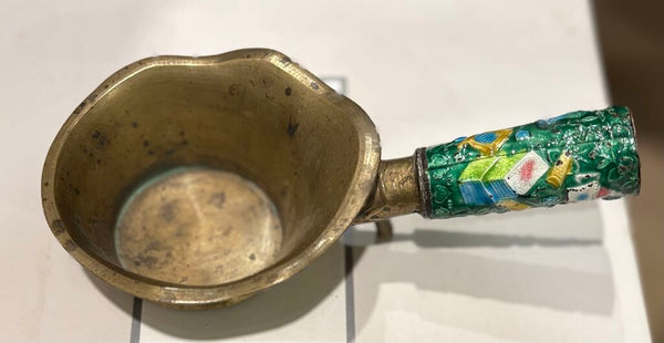 VINTAGE ASIAN BRASS COAL SILK IRON W/ENAMELED HANDLE | 8.25" W X 4.25" D X 2" H