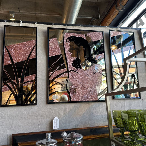 Fabulous post modern triptych of pink sparkle lady approx 32x20 for pick up only