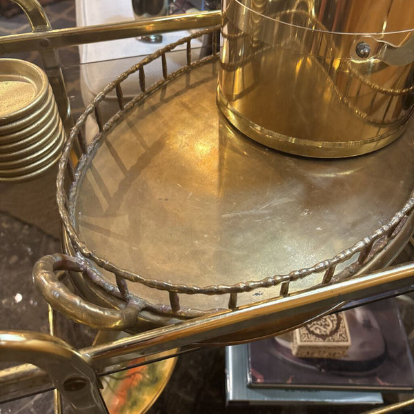 Large Oval Brass Bamboo Gallery Bar Tray with handles 19 inches long