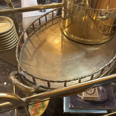Large Oval Brass Bamboo Gallery Bar Tray with handles 19 inches long