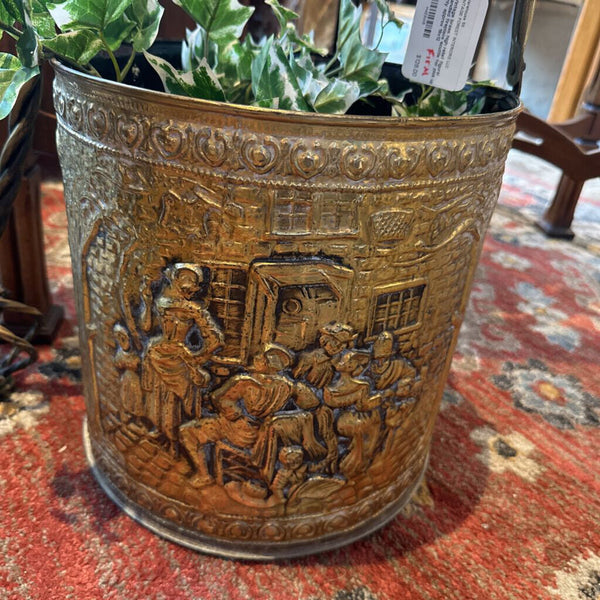 Vintage brass high relief figural handled fireplace scuttle for pick up only approx 19x12
