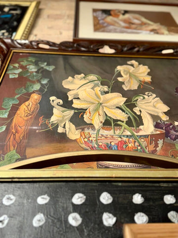 Large lily wooden ornate litho frame GL Nelson