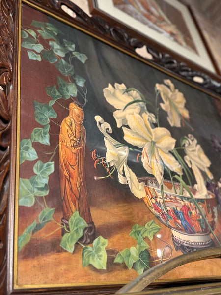 Large lily wooden ornate litho frame GL Nelson