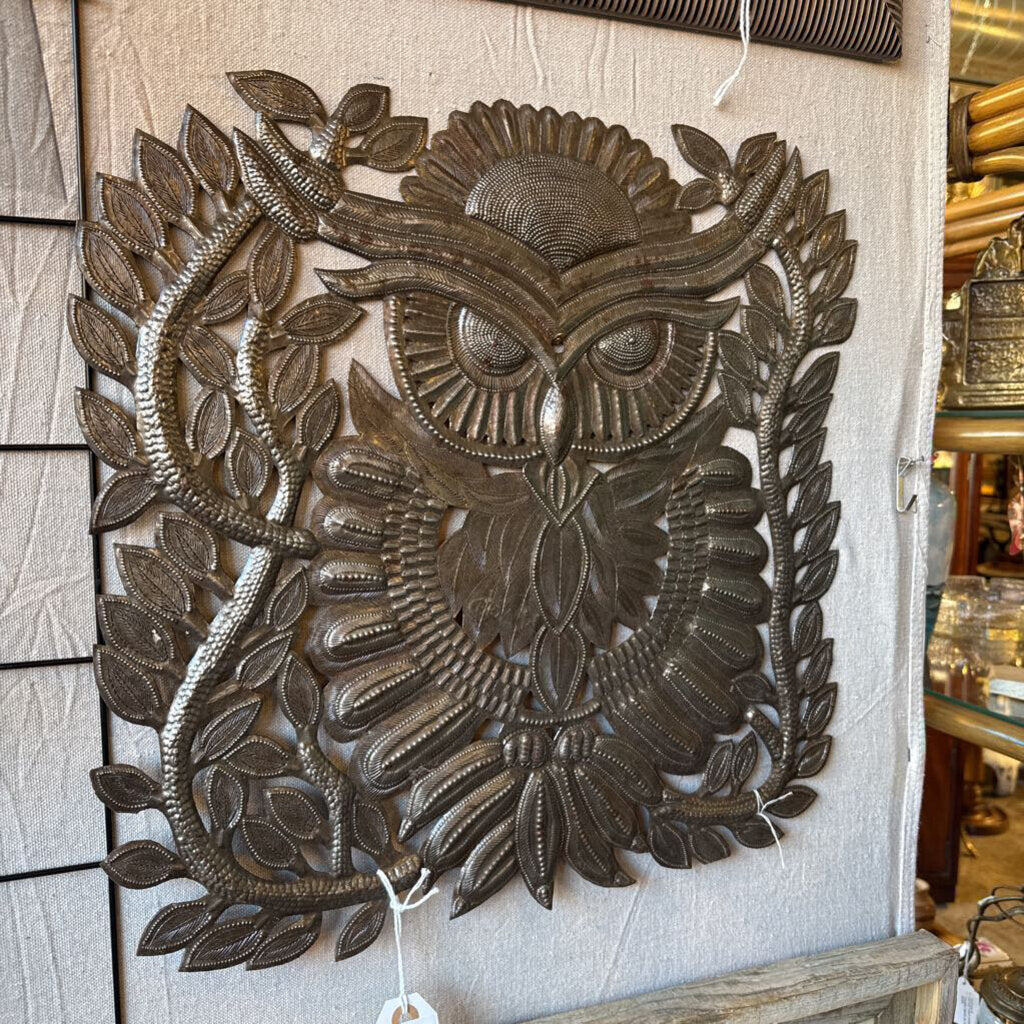 intricate Haitian metal owl signed metal artist, Francois Wilnord