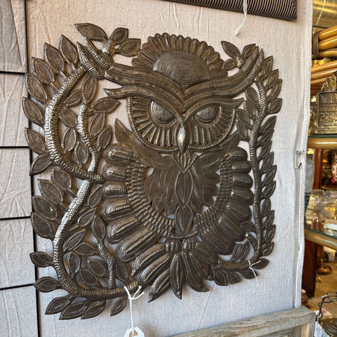 intricate Haitian metal owl signed metal artist, Francois Wilnord