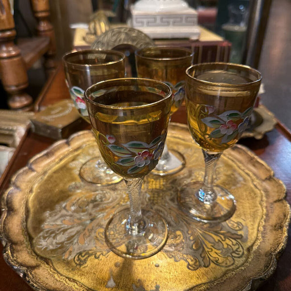 Set of 4 Amber Hand Painted Sherry Glasses