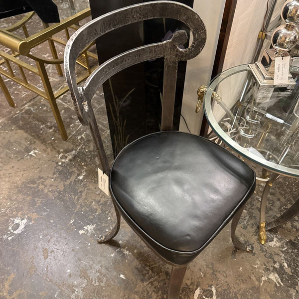 Heavy vintage pair of iron chairs with leather seats Italian