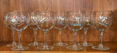 NED SMITH HAND PAINTED WATER FOWL WINE GLASSES - SET OF 8 | 6.5" H X 3.5" W
