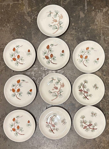 MID CENTURY HAND PAINTED PINE BRANCH PLATES - SET OF 10 | 6.25" DIAMETER