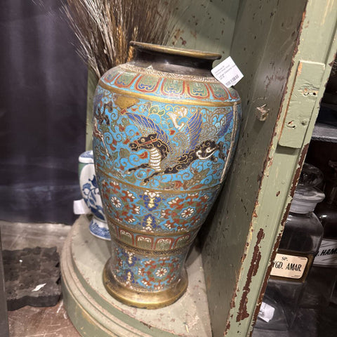 Large Cloisonne Vase Blue 15.5" as is