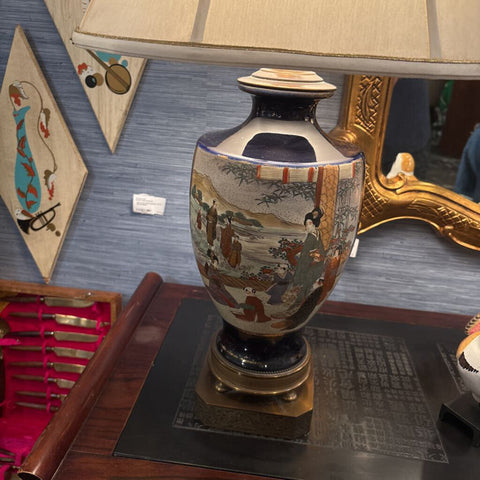 Pair of blue antique Chinoiserie Lamps with shades In Store Pick Up