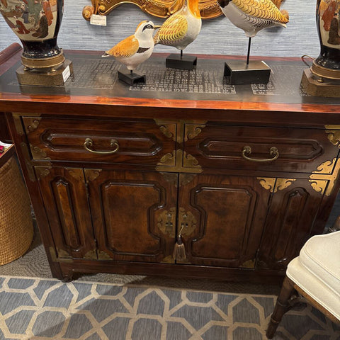 Vintage Bernhardt Chinoiserie side board / bar cabinet with Asian stone scrollwork top and castor wheels. 50" W x 35" H x 18 " D In Store Pick Up Only