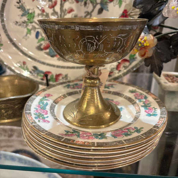 PETITE VINTAGE ETCHED BRASS FOOTED BOWL | 4.5"H X 4.5" W