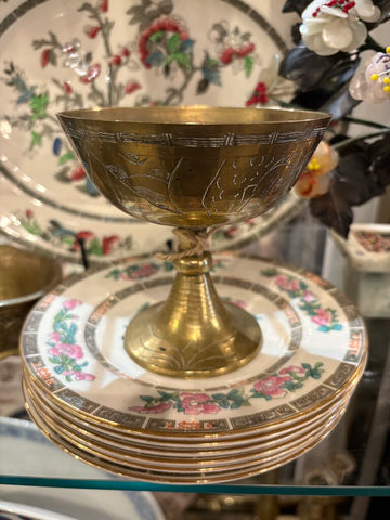 PETITE VINTAGE ETCHED BRASS FOOTED BOWL | 4.5"H X 4.5" W