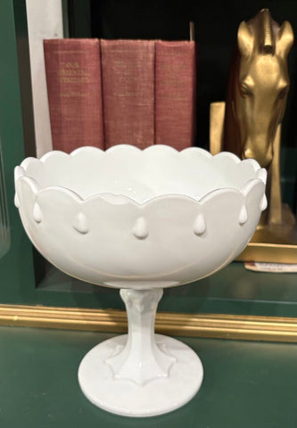 VINTAGE MILK GLASS TEAR DROP SCALLOPED FOOTED BOWL | 7.75"H X 7.5" W