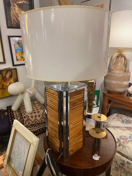 Vintage Lampcract inc chrome and rattan table lamp