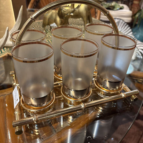 Set of 6 CULVER Hi-ball Gold rim and frosted glasses with brass bamboo Caddy holder