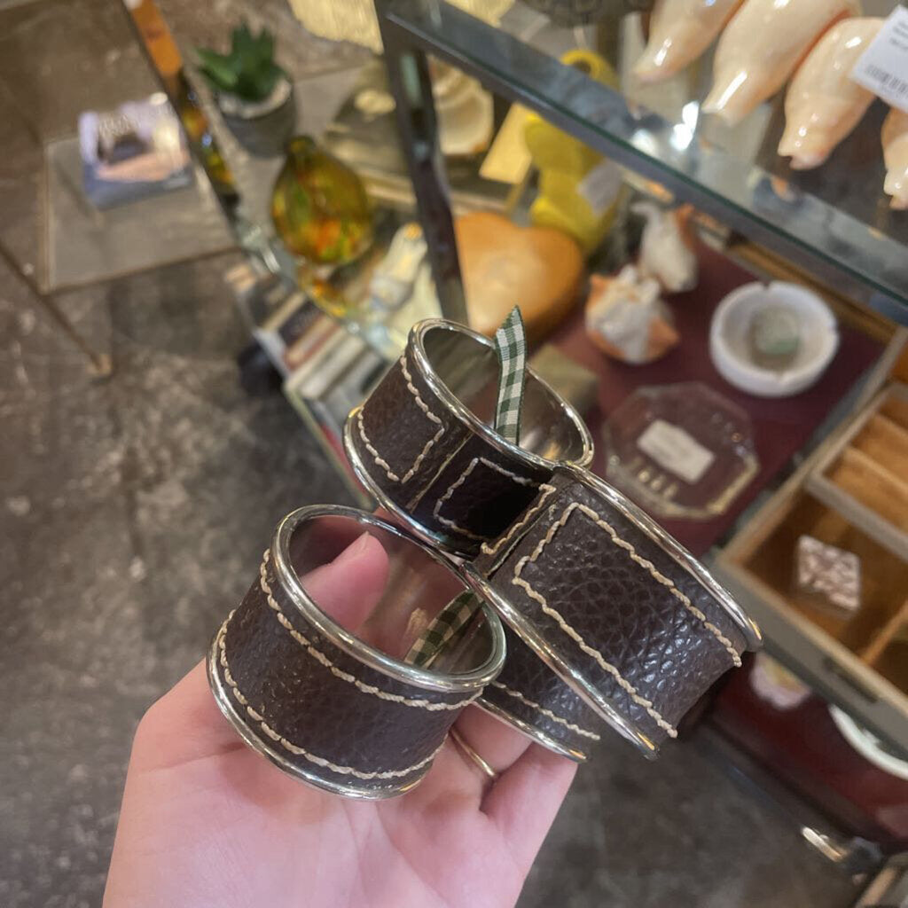 Brown Leather and Silver Napkin Rings - set of 4