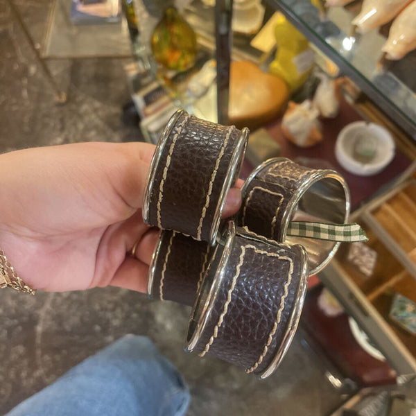 Brown Leather and Silver Napkin Rings - set of 4