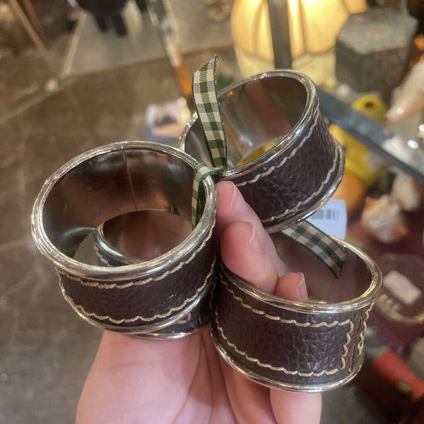 Brown Leather and Silver Napkin Rings - set of 4