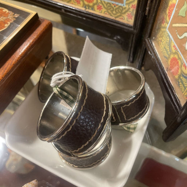 Brown Leather and Silver Napkin Rings - set of 4