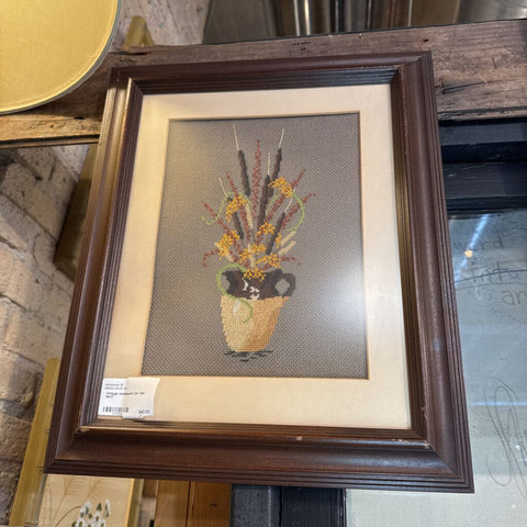 Vintage needlepoint Cat Tails 14x17