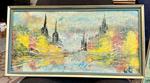 Vintage MCM super abstract European street scene on Masonite signed by Sean Paul approx 25.25x13.25
