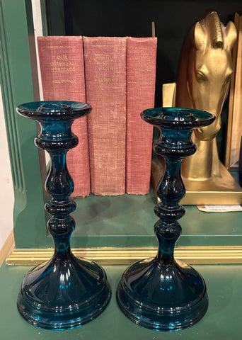PAIR OF PEACOCK BLUE VINTAGE CANDLE HOLDERS | 9" H X 4.5" W
