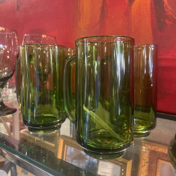 Set of 4 Vintate Hazel Atlas Avocado Green Thick Glass Mugs