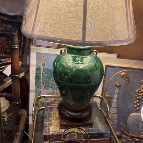 Green glazed pottery olive jar style lamp with shad and brass finial IN STORE PICK UP