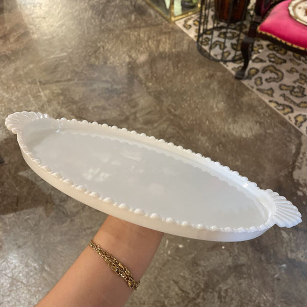 Oval Milk Glass Scalloped Edge Tray