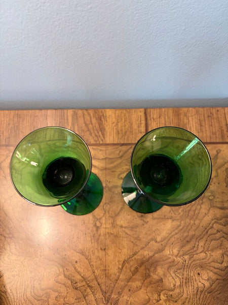 Dark green art glass pair of candleholders