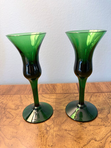 Dark green art glass pair of candleholders