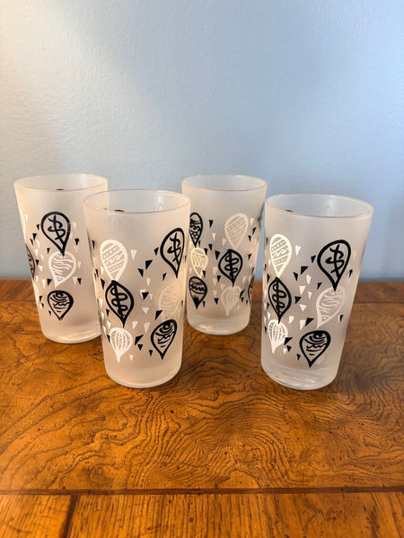 Set of 4black and white Mcm satin glass highball glasses