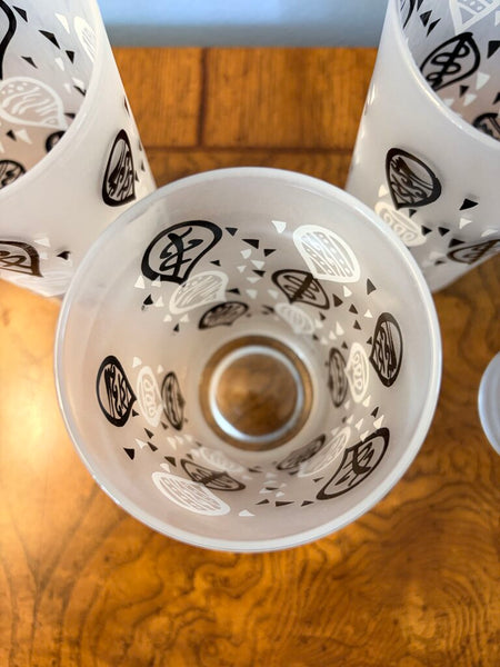 Set of 4black and white Mcm satin glass highball glasses